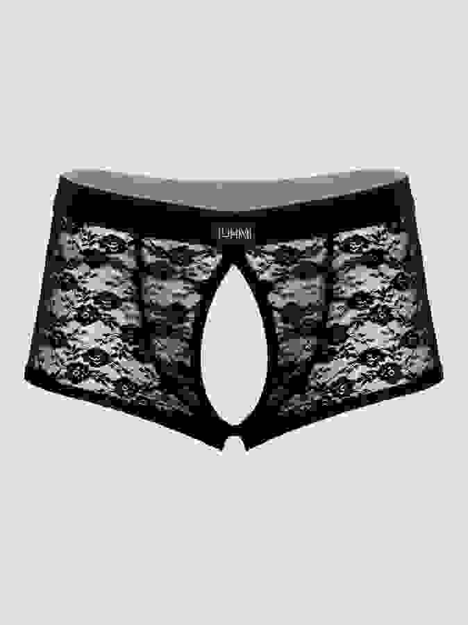 LHM Black Lace Open Front and Back Boxer Shorts, Black, hi-res